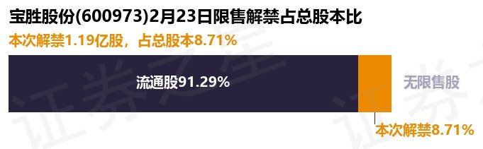 宝胜股份（600973）1.19亿股限售股将于2月23日解禁上市，占总股本8.71%