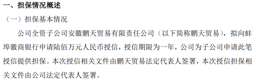 天成科技全资子公司鹏天贸易拟向银行申请600万授信公司为子公司提供担保 第1张