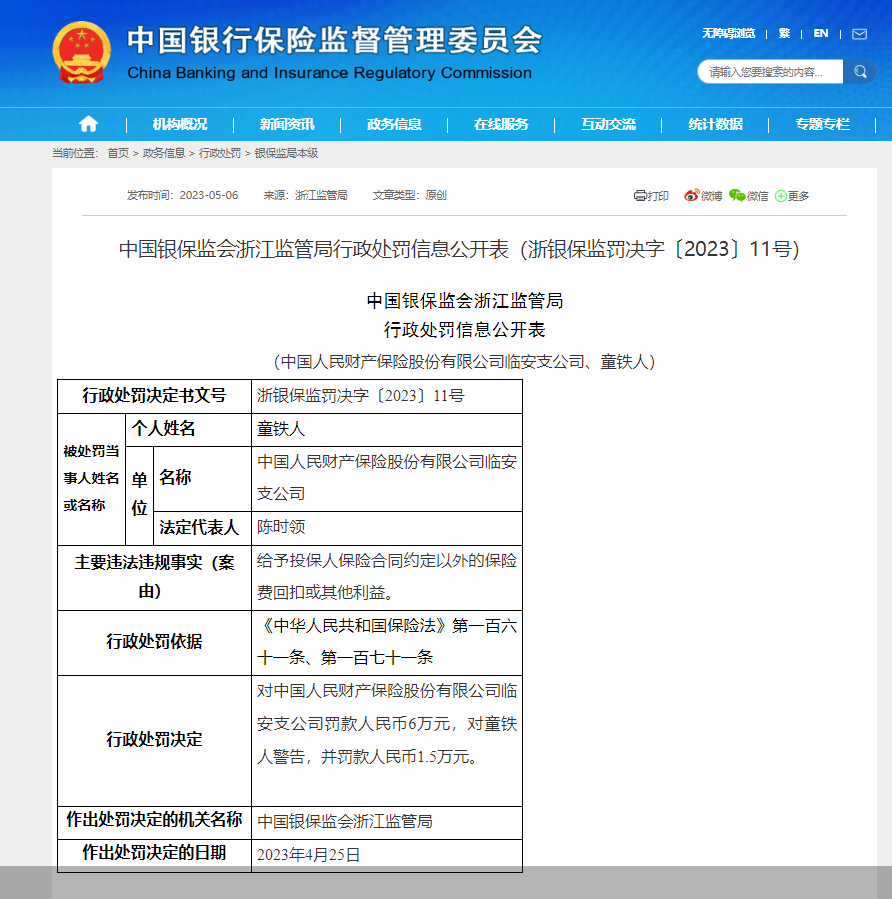 因给予投保人保险合同约定以外的保险费回扣或其他利益，人保财险临安支公司合计被罚7.5万元 第1张