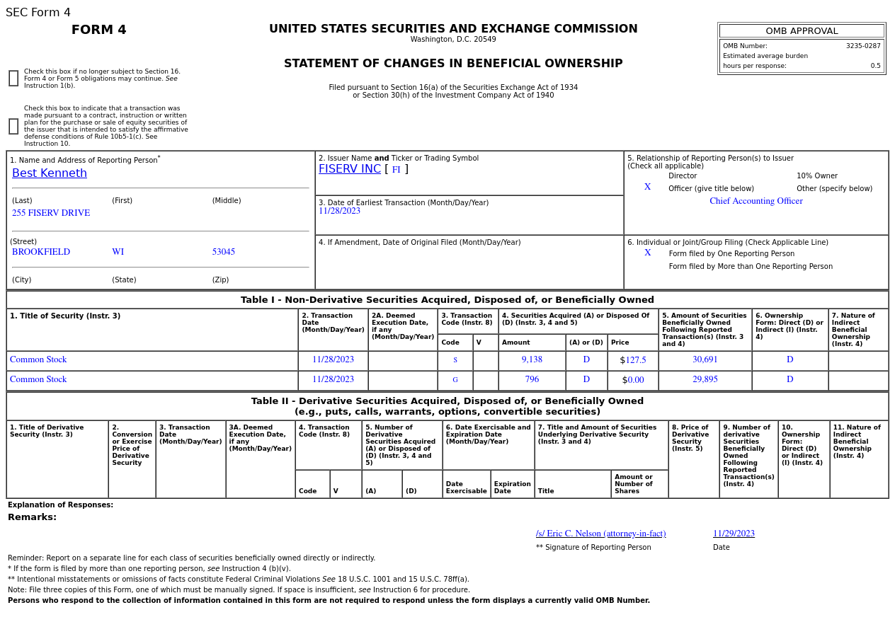 费哲金融服务(FI.US)首席会计官售出9,138股普通股股份，价值约116.51万美元 第1张